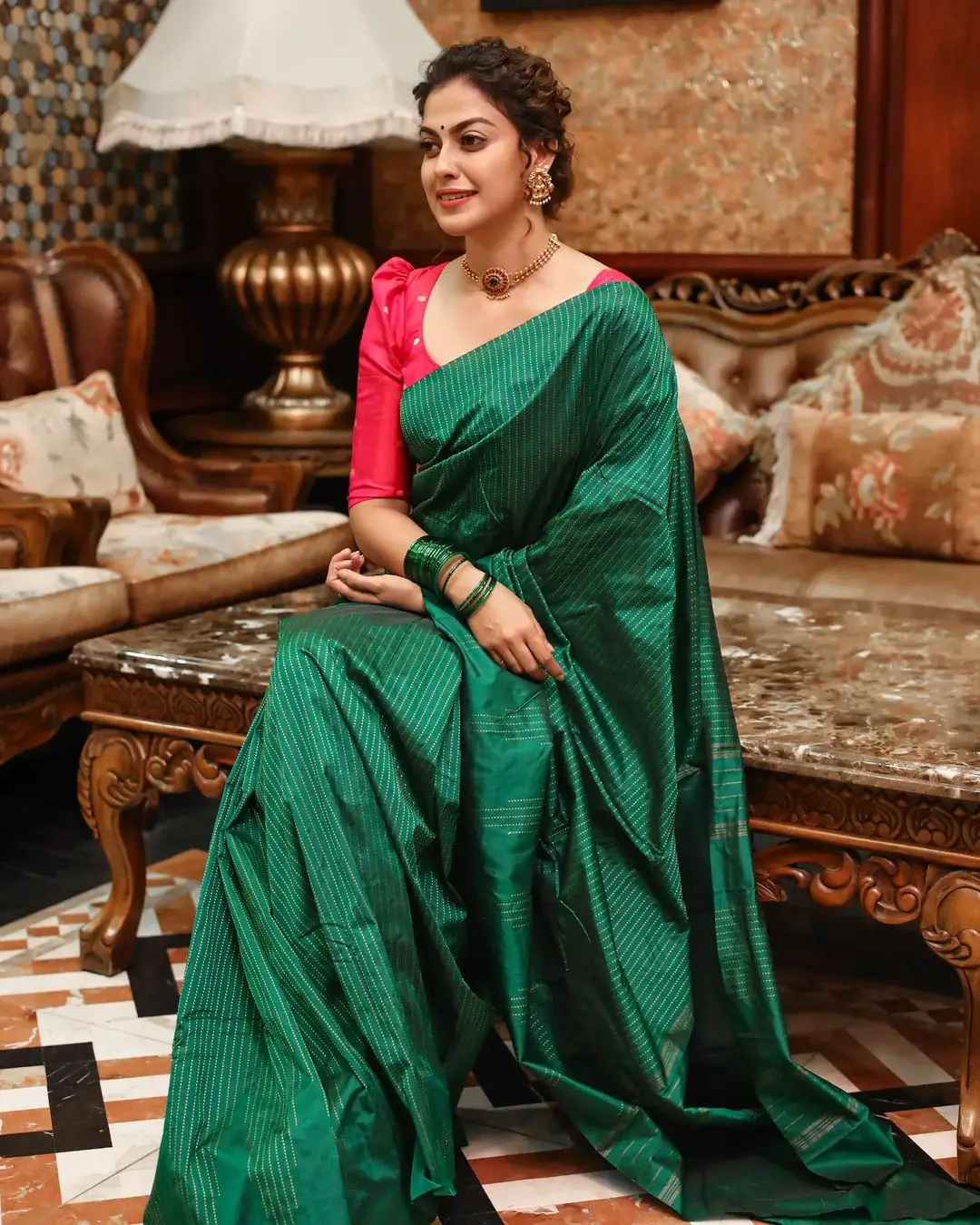 Indian Actress Anusree Nair in Green Color Saree Red Blouse